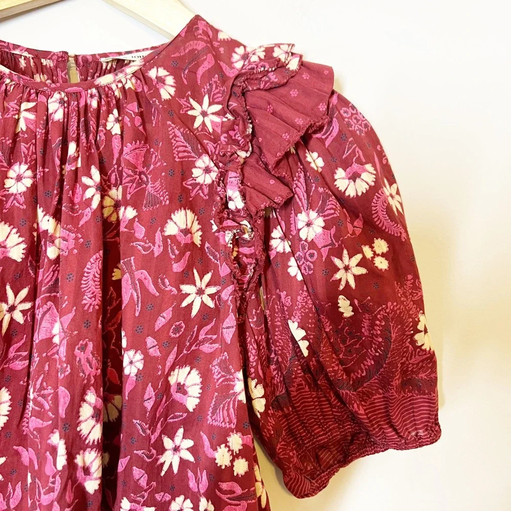 Ulla Johnson Arbor Burgundy Floral Ruffle Puff Sleeve Blouse Top Size 4